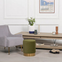 Amour Olive Green Velvet Pouffe Gold Trim Round Stool Ottoman - thumbnail 2