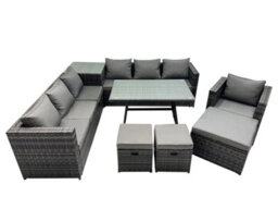 Fimous Outdoor Corner Sofa Chair Dining Table Set Garden Rattan Furniture Set 10 Seater With Side Table 3 Stools Dark Grey - thumbnail 1