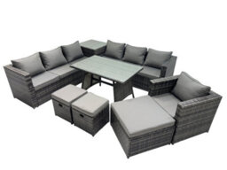 Fimous Outdoor Corner Sofa Chair Dining Table Set Garden Rattan Furniture Set 10 Seater With Side Table 3 Stools Dark Grey - thumbnail 2