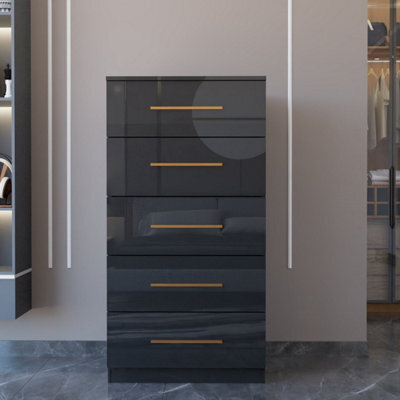 Sliding Wardrobes 4 u LTD 5 Drawer High Gloss Chest Of Drawers 120Cm Wide Smooth Runners - Black - image 1