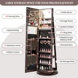 Costway 360 Rotating Jewelry Armoire Standing Jewelry And Makeup Cabinet-Coffee - thumbnail 4