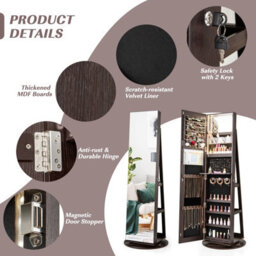 Costway 360 Rotating Jewelry Armoire Standing Jewelry And Makeup Cabinet-Coffee - thumbnail 7