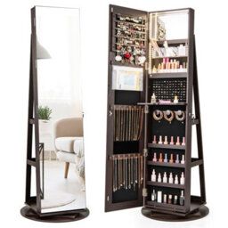 Costway 360 Rotating Jewelry Armoire Standing Jewelry And Makeup Cabinet-Coffee - thumbnail 1