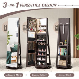 Costway 360 Rotating Jewelry Armoire Standing Jewelry And Makeup Cabinet-Coffee - thumbnail 3