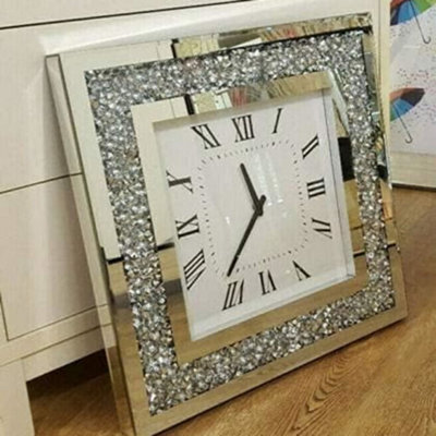 Biznest 40Cm Wall Clock Square Double Strap Crushed Diamante Diamond Crystal Mirror Crushed Jewel Roman Numbers