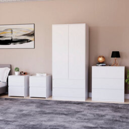 Lassic Vida Designs Denver 4 Piece Bedroom Set - (2 Drawer Large Bedside Chest X2, 3 Drawer Chest, 2 Door 2 Drawer Wardrobe), White