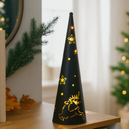 Snowtime 35Cm Led Metal Cone Light Black Christmas Decoration Stars & Reindeer - thumbnail 2