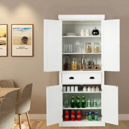 Wood Tall Storage Cabinet 2 Doors Display Organizer Freestanding Pantry Cupboard - thumbnail 4