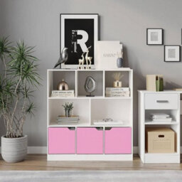 Urbn-Living Urbnliving Asymmetrical 8 Cube White Bookcase Freestanding Storage Unit With 3 Plain Doors - Pink - thumbnail 4