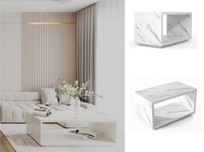 Impact Furniture Marble Coffee Table Small White Marble Effect Modern Living Room Table With Storage Shelf Cari - image 1
