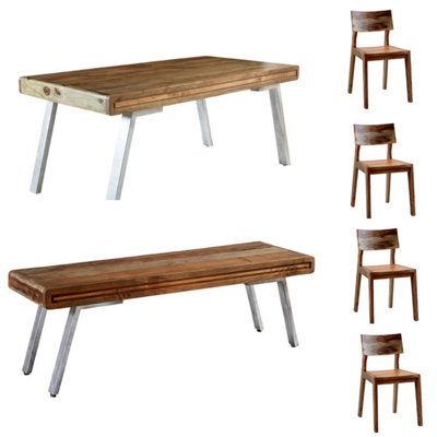 Retro Wood And Metal Medium Dining Table With 1 Bench And 4 Chairs - image 1