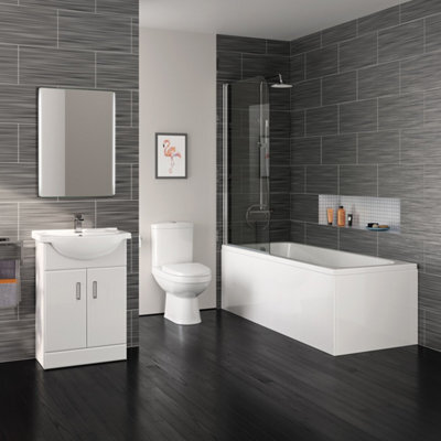 Ibathuk 1700 mm Straight Shower Bath Gloss White Vanity Unit Close Coupled Toilet Wc Bathroom Furniture - image 1