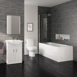 Ibathuk 1700 mm Straight Shower Bath Gloss White Vanity Unit Close Coupled Toilet Wc Bathroom Furniture - thumbnail 1