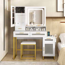 Costway Modern Vanity Set Dressing Table And Chair Set W/ Adjustable Brightness - thumbnail 6