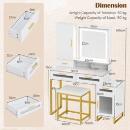 Costway Modern Vanity Set Dressing Table And Chair Set W/ Adjustable Brightness - thumbnail 5