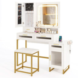 Costway Modern Vanity Set Dressing Table And Chair Set W/ Adjustable Brightness - thumbnail 2