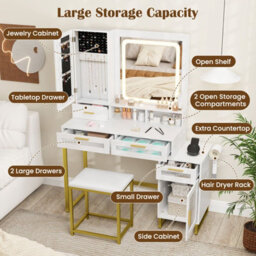 Costway Modern Vanity Set Dressing Table And Chair Set W/ Adjustable Brightness - thumbnail 3