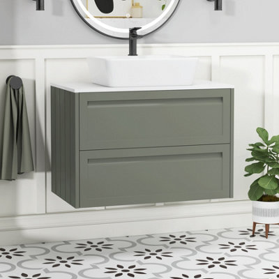 Royal Bathrooms Royal Bathroom Elmore 800mm Matt Green Wall Mounted Bathroom Vanity Unit 2 Drawer Plain White Worktop With Cube Basin - image 1