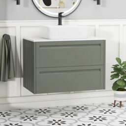 Royal Bathrooms Royal Bathroom Elmore 800mm Matt Green Wall Mounted Bathroom Vanity Unit 2 Drawer Plain White Worktop With Cube Basin - thumbnail 1