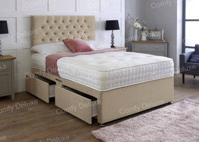Comfy Deluxe 4Ft6 Double Mink   Plush Velvet Pocket Divan Bed & Chesterfield Headboard 2 Drawers Same Side
