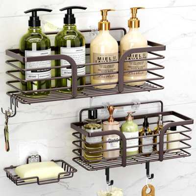 1 Pack Adhesive Shower Caddy With Soap Dish And 4 Hooks, No Drilling Required, Wall-Mounted Storage Rack, Bronze - image 1