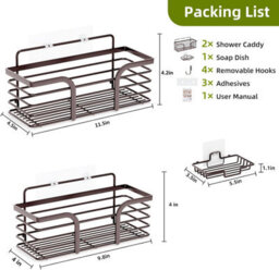 1 Pack Adhesive Shower Caddy With Soap Dish And 4 Hooks, No Drilling Required, Wall-Mounted Storage Rack, Bronze - thumbnail 6