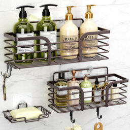 1 Pack Adhesive Shower Caddy With Soap Dish And 4 Hooks, No Drilling Required, Wall-Mounted Storage Rack, Bronze - thumbnail 1