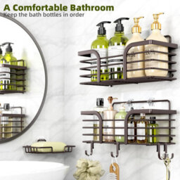 1 Pack Adhesive Shower Caddy With Soap Dish And 4 Hooks, No Drilling Required, Wall-Mounted Storage Rack, Bronze - thumbnail 2