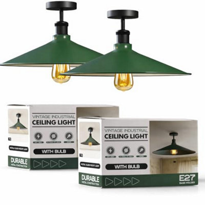 2 Pack Semi Flush Ceiling Light Metal 40Cm Green Lamp Shade E27 Base Ceiling Lights For Bedroom Dining Room Kitchen With Bulb - image 1