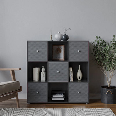 Urbn-Living Urbnliving 9 Cube Black Wooden Bookcase Shelving Unit With 5 Collapsible Fabric Drawers - Light Grey - image 1