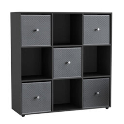 Urbn-Living Urbnliving 9 Cube Black Wooden Bookcase Shelving Unit With 5 Collapsible Fabric Drawers - Light Grey - thumbnail 2