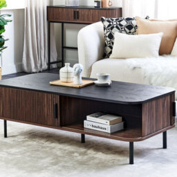 Wyld And Coco Rustic Dark Brown Coffee Table 120 X 60 Cm With Sliding Doors And Storage - thumbnail 2