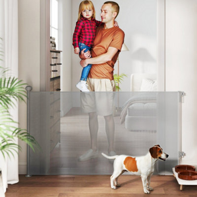 Pawhut Retractable Stair Gate, Dog Gate Extends Up To 140 Cm Wide, Grey - image 1