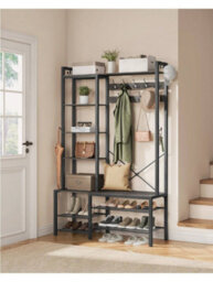 LEDREM Hall Tree With Bench And Shoe Storage, Hallway Coat Rack With Shoe Bench And 5 Storage Shelves, 9 Coat Hooks And 6 Side Hooks - thumbnail 2