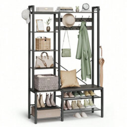 LEDREM Hall Tree With Bench And Shoe Storage, Hallway Coat Rack With Shoe Bench And 5 Storage Shelves, 9 Coat Hooks And 6 Side Hooks - thumbnail 3