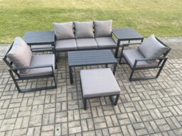 Fimous Aluminium Outdoor Furniture Set 6 Seater Garden Sofa With Coffee Table Big Footstool 2 Armchairs 2 Side Tables Dark Grey - thumbnail 1