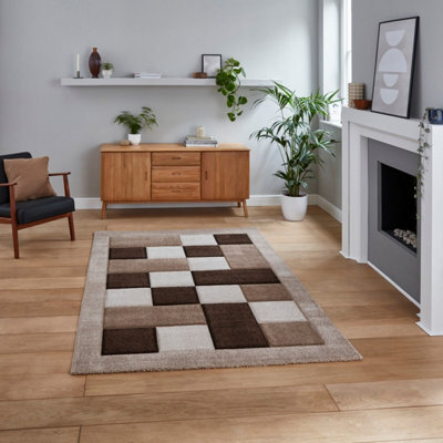 Beige Modern Bordered Chequered Geometric Rug For Dining Room-60Cm X 120Cm - image 1