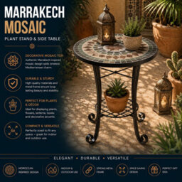 Shatchi Marrakech Mosaic Plant Stand And Side Table Ceramic Tile Top For Indoor And Outdoor Use - thumbnail 2