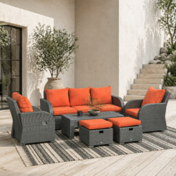 Wyld Haus Lerami 7-Seater Rattan Outdoor Set - Reclining Armchairs, Sofa, Orange Cushions - thumbnail 1