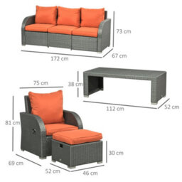Wyld Haus Lerami 7-Seater Rattan Outdoor Set - Reclining Armchairs, Sofa, Orange Cushions - thumbnail 3