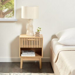 Wyld And Coco Rustic Bedside Table, Light Brown Mdf With Pine Legs, Drawer And Open Shelf, W40 X D35 X H55Cm - thumbnail 2