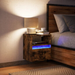 Berkfield Wall-Mounted Bedside Cabinet With Led Lights Smoked Oak - thumbnail 4