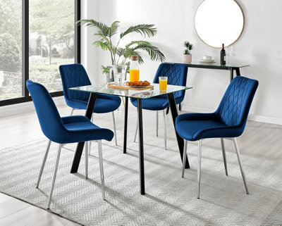 Furniturebox Seattle Scandi Inspired Glass And Black Metal Leg Square Dining Table & 4 Navy Pesaro Velvet Silver Leg Chairs - image 1