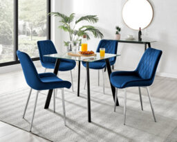 Furniturebox Seattle Scandi Inspired Glass And Black Metal Leg Square Dining Table & 4 Navy Pesaro Velvet Silver Leg Chairs