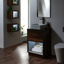 Homestylestore Dark Oak 600mm Bathroom Vanity Unit Open Shelf With Square Countertop Basin & Led Light - thumbnail 3