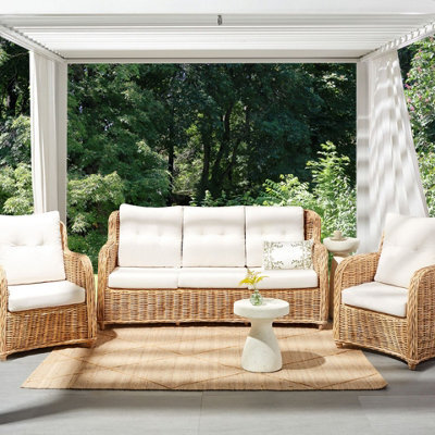 Beliani Natural Rattan Garden Conversation Set 3-Seater Sofa And 2 Armchairs With White Cushions - image 1