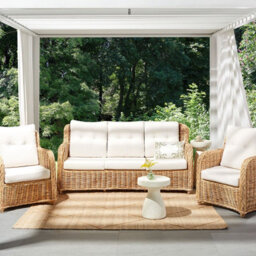 Beliani Natural Rattan Garden Conversation Set 3-Seater Sofa And 2 Armchairs With White Cushions - thumbnail 1