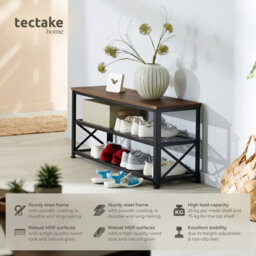 Tectake Shoe Rack Blackpool - Surface Shelf And 2 Grid Shelves, Industrial Style -  - Industrial Wood Dark, Rustic - thumbnail 2