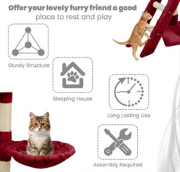 Wadan Cat Tree Tower With Condos, Ladder & Scratching Posts 138Cm Multilevel Cat Activity Centre For Large & Small Cats, Red - thumbnail 5