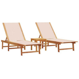 Berkfield Sun Loungers 2 Pcs With Table Cream Solid Wood Acacia And Textilene - thumbnail 2